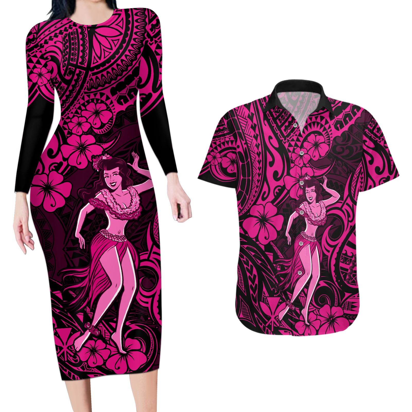 Hawaii Hula Girl Couples Matching Long Sleeve Bodycon Dress and Hawaiian Shirt Polynesian Pattern Pink Version - Wonder Print Shop
