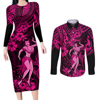 Hawaii Hula Girl Couples Matching Long Sleeve Bodycon Dress and Long Sleeve Button Shirts Polynesian Pattern Pink Version - Wonder Print Shop