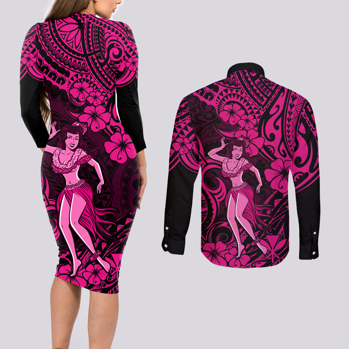 Hawaii Hula Girl Couples Matching Long Sleeve Bodycon Dress and Long Sleeve Button Shirts Polynesian Pattern Pink Version - Wonder Print Shop