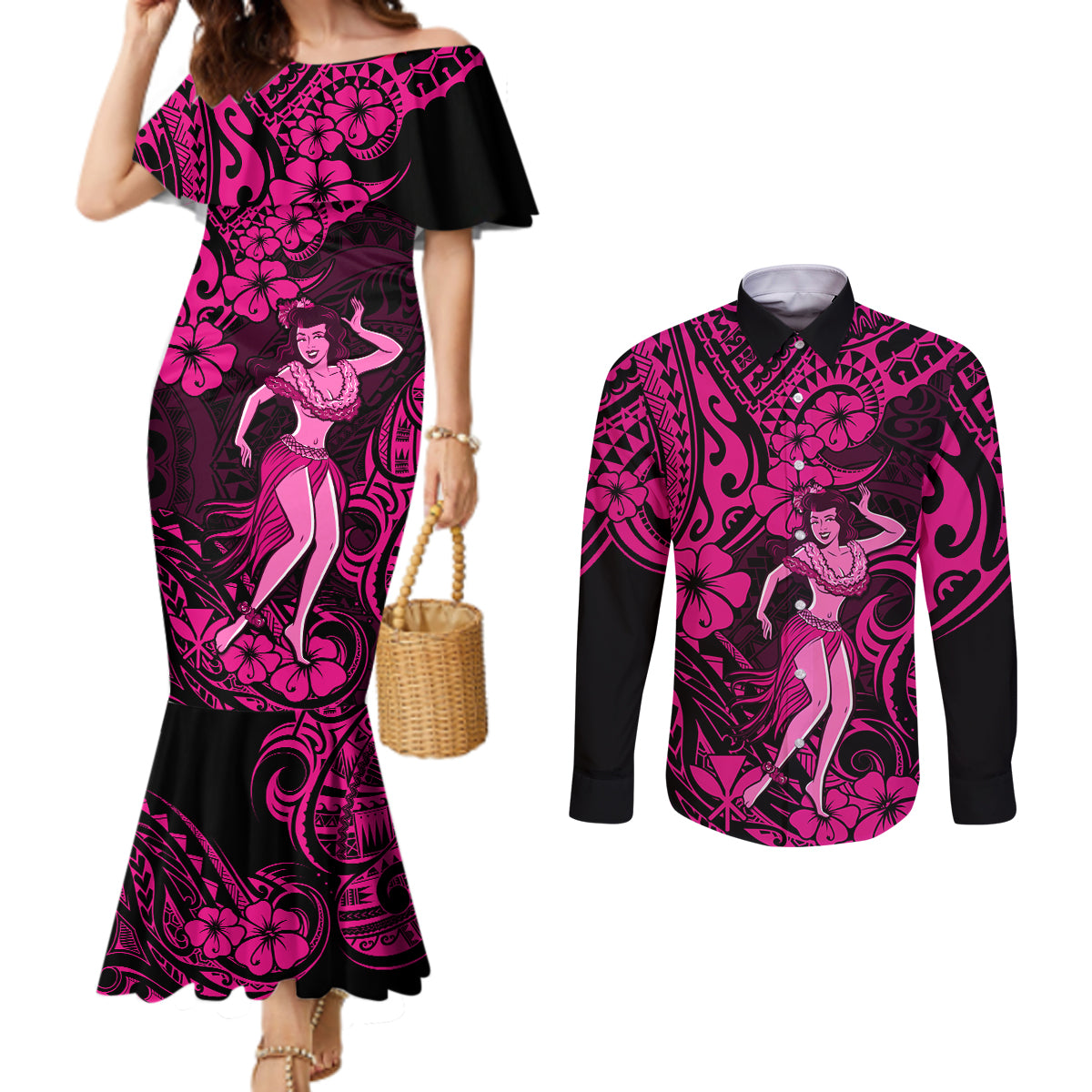 hawaii-hula-girl-couples-matching-mermaid-dress-and-long-sleeve-button-shirts-polynesian-pattern-pink-version