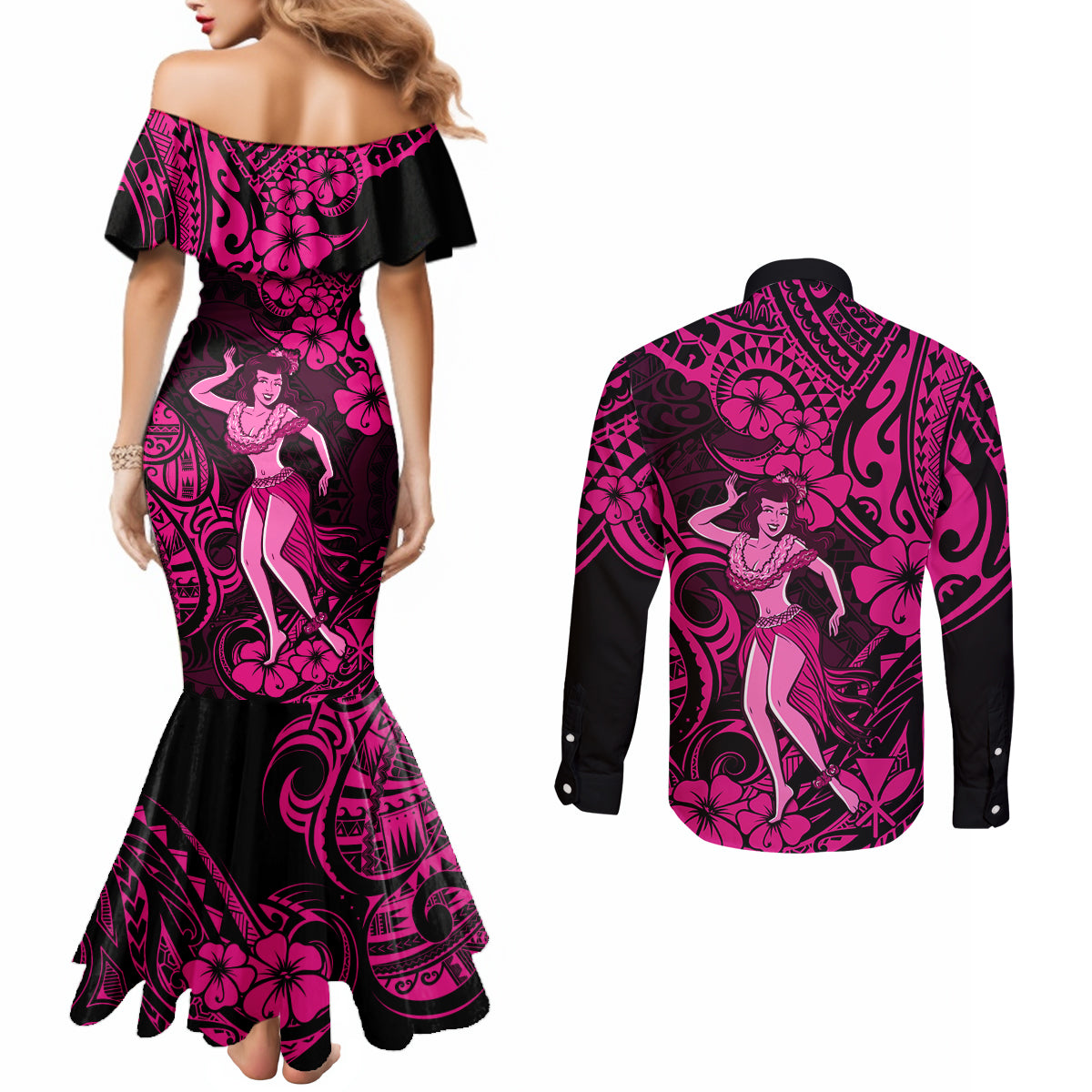 hawaii-hula-girl-couples-matching-mermaid-dress-and-long-sleeve-button-shirts-polynesian-pattern-pink-version