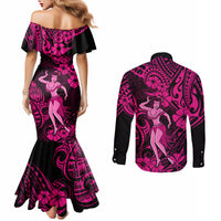 hawaii-hula-girl-couples-matching-mermaid-dress-and-long-sleeve-button-shirts-polynesian-pattern-pink-version