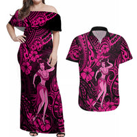 Hawaii Hula Girl Couples Matching Off Shoulder Maxi Dress and Hawaiian Shirt Polynesian Pattern Pink Version - Wonder Print Shop