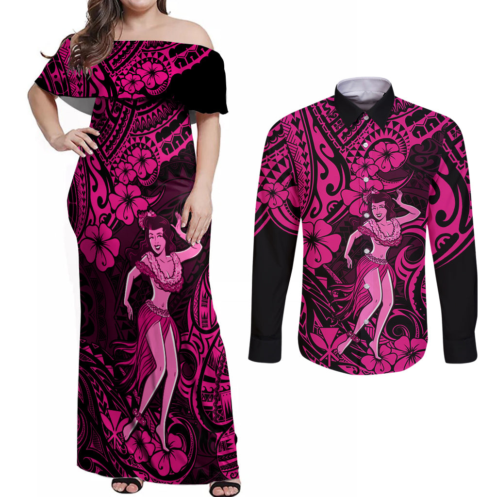 Hawaii Hula Girl Couples Matching Off Shoulder Maxi Dress and Long Sleeve Button Shirts Polynesian Pattern Pink Version - Wonder Print Shop