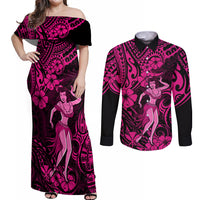 Hawaii Hula Girl Couples Matching Off Shoulder Maxi Dress and Long Sleeve Button Shirts Polynesian Pattern Pink Version - Wonder Print Shop