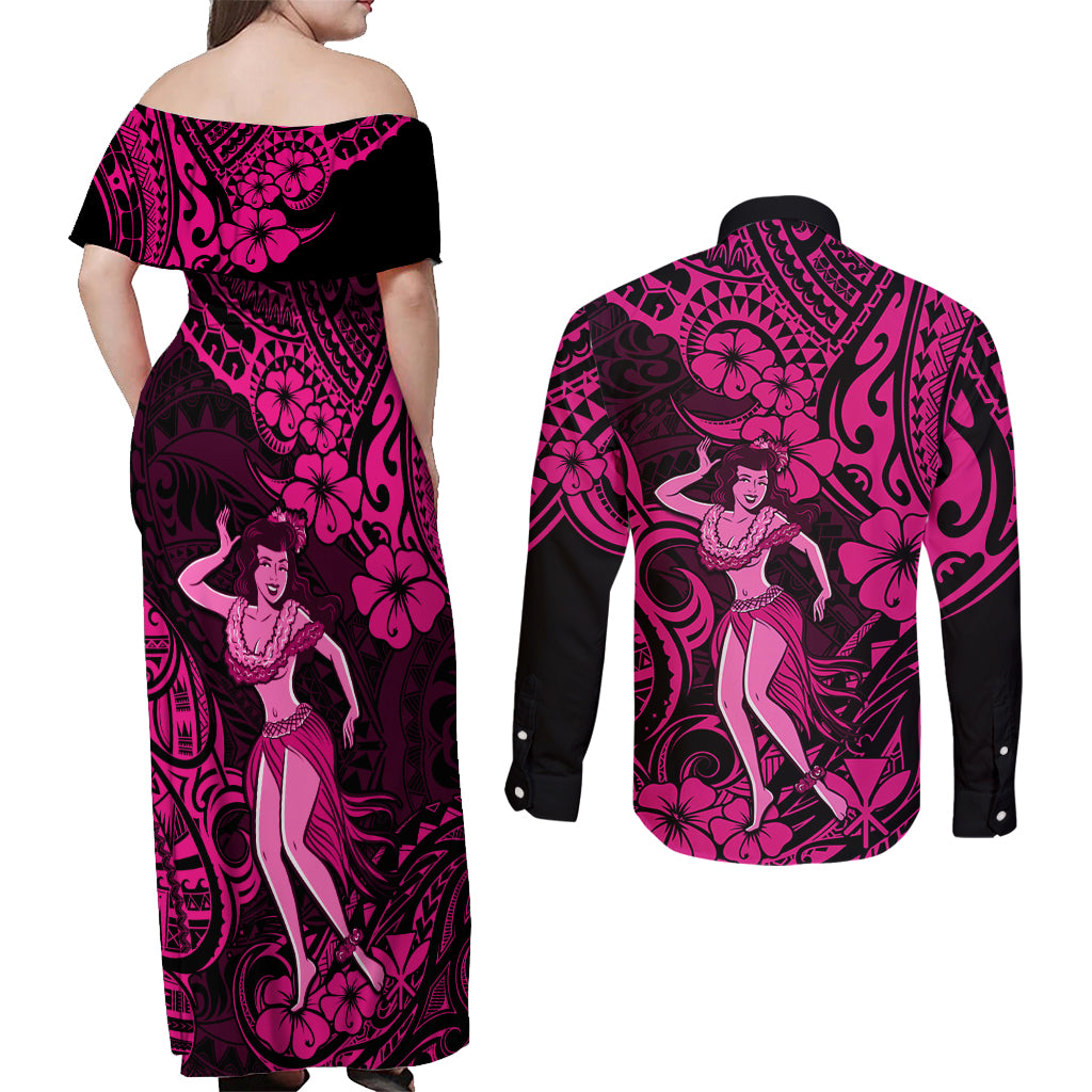 Hawaii Hula Girl Couples Matching Off Shoulder Maxi Dress and Long Sleeve Button Shirts Polynesian Pattern Pink Version - Wonder Print Shop