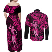 Hawaii Hula Girl Couples Matching Off Shoulder Maxi Dress and Long Sleeve Button Shirts Polynesian Pattern Pink Version - Wonder Print Shop