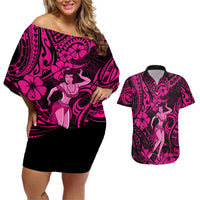 Hawaii Hula Girl Couples Matching Off Shoulder Short Dress and Hawaiian Shirt Polynesian Pattern Pink Version - Wonder Print Shop