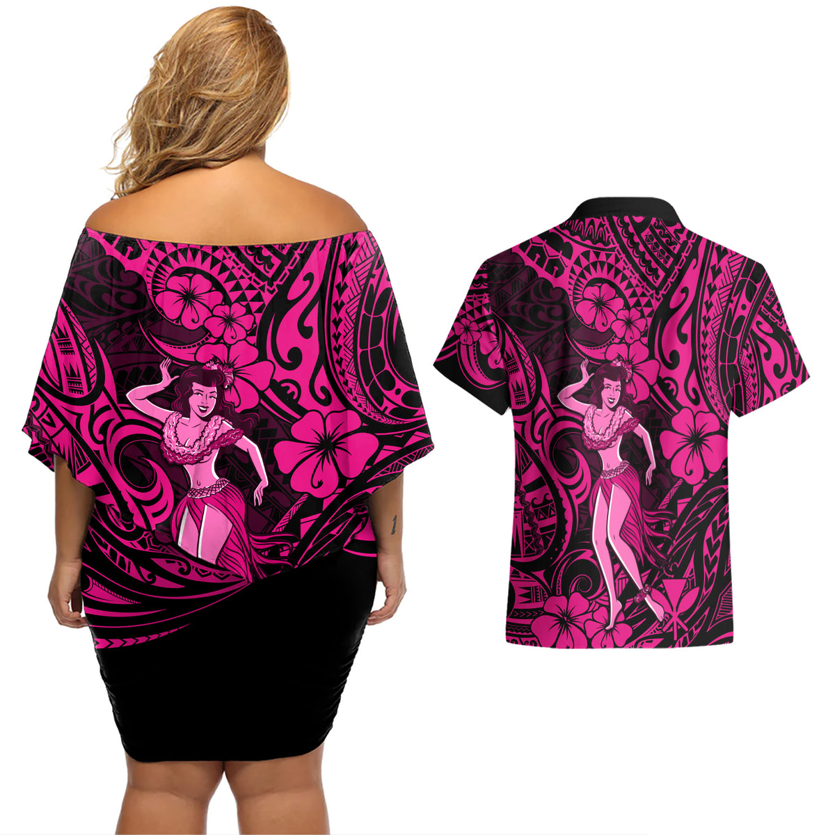 Hawaii Hula Girl Couples Matching Off Shoulder Short Dress and Hawaiian Shirt Polynesian Pattern Pink Version - Wonder Print Shop