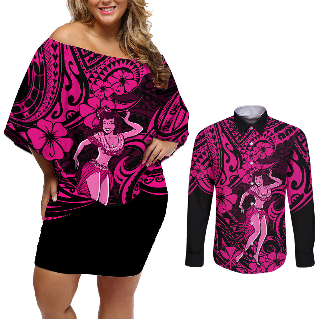 Hawaii Hula Girl Couples Matching Off Shoulder Short Dress and Long Sleeve Button Shirts Polynesian Pattern Pink Version - Wonder Print Shop