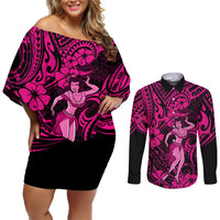 Hawaii Hula Girl Couples Matching Off Shoulder Short Dress and Long Sleeve Button Shirts Polynesian Pattern Pink Version - Wonder Print Shop