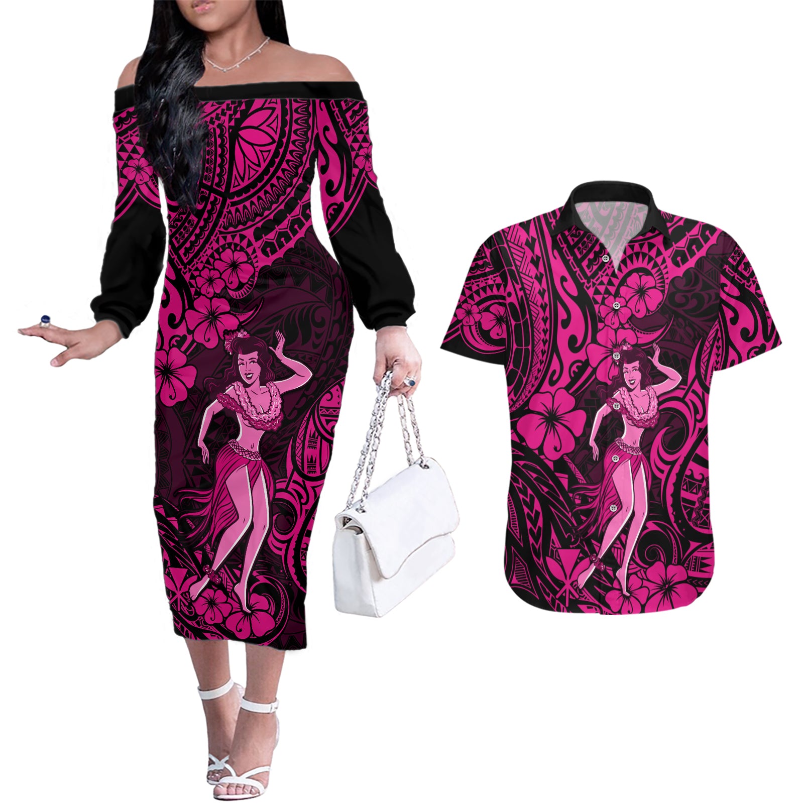 Hawaii Hula Girl Couples Matching Off The Shoulder Long Sleeve Dress and Hawaiian Shirt Polynesian Pattern Pink Version - Wonder Print Shop