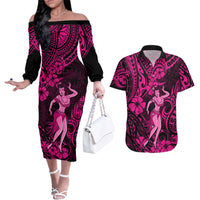 Hawaii Hula Girl Couples Matching Off The Shoulder Long Sleeve Dress and Hawaiian Shirt Polynesian Pattern Pink Version - Wonder Print Shop