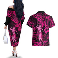 Hawaii Hula Girl Couples Matching Off The Shoulder Long Sleeve Dress and Hawaiian Shirt Polynesian Pattern Pink Version - Wonder Print Shop