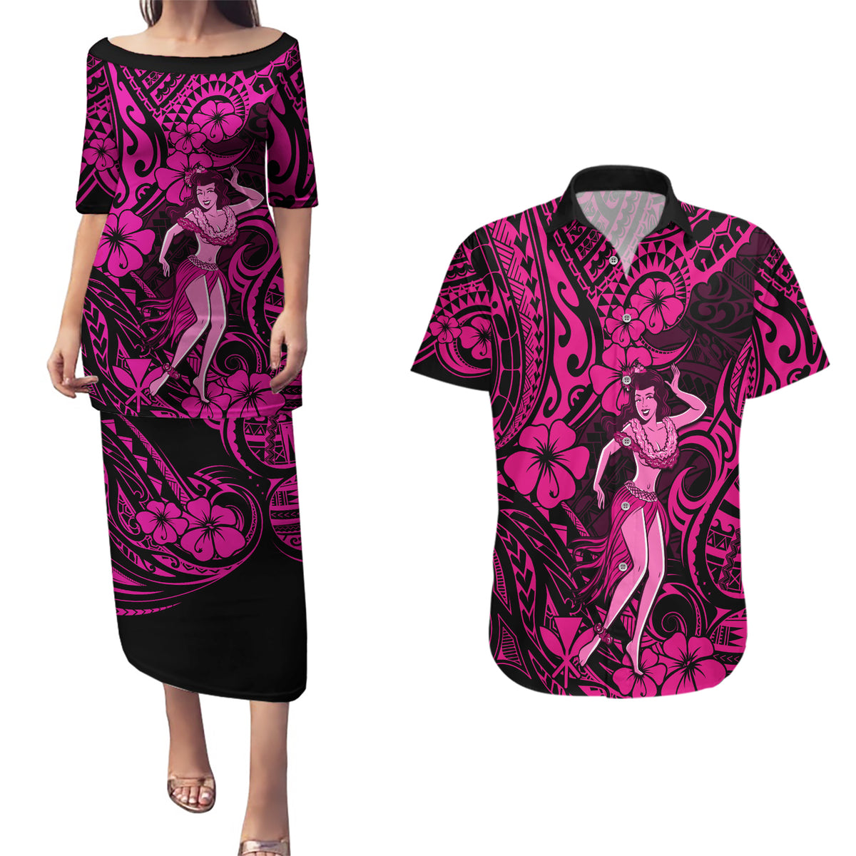 Hawaii Hula Girl Couples Matching Puletasi Dress and Hawaiian Shirt Polynesian Pattern Pink Version - Wonder Print Shop