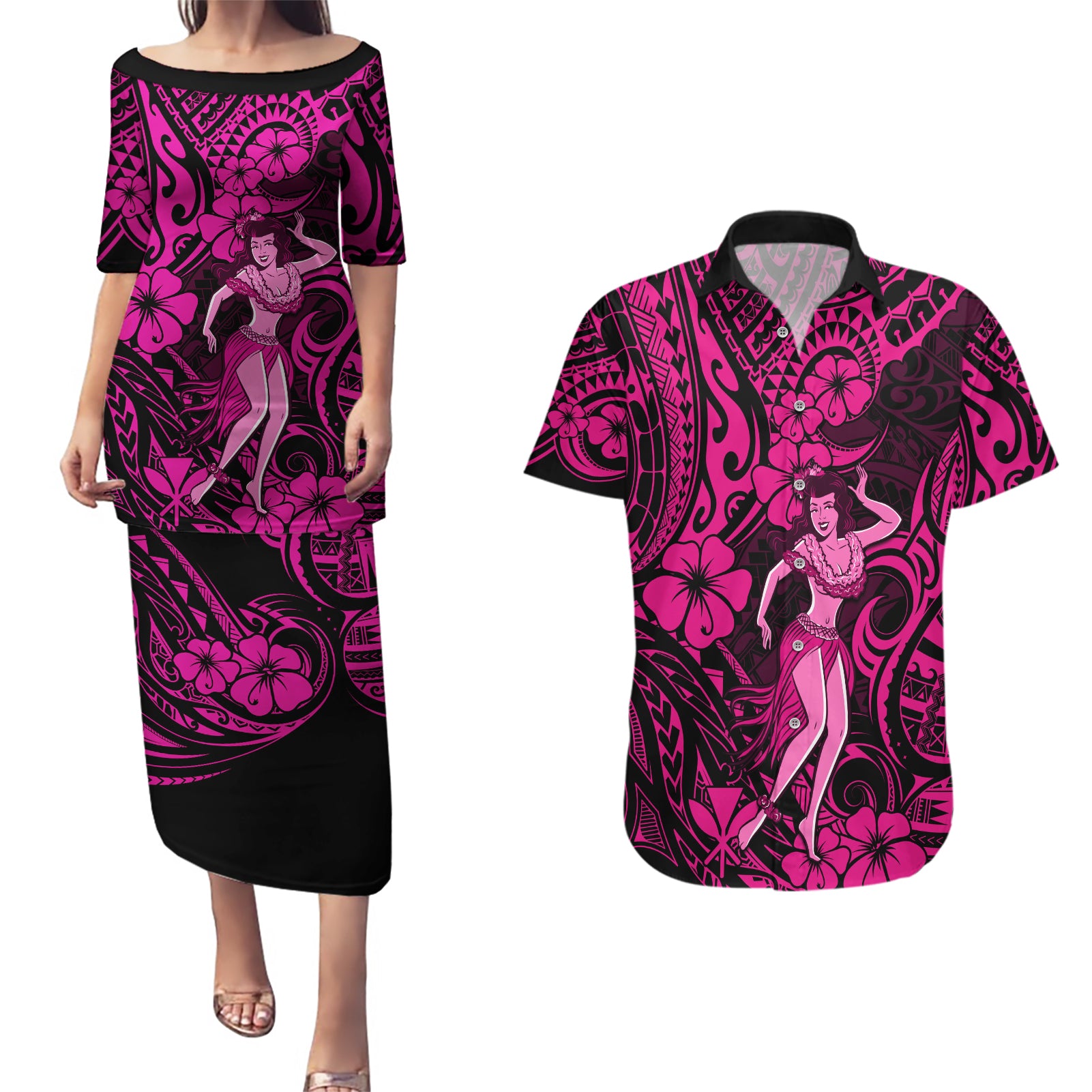 Hawaii Hula Girl Couples Matching Puletasi Dress and Hawaiian Shirt Polynesian Pattern Pink Version - Wonder Print Shop
