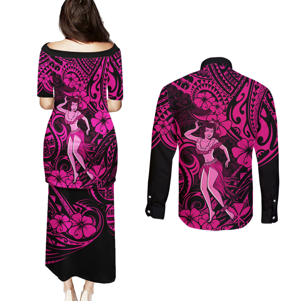 Hawaii Hula Girl Couples Matching Puletasi Dress and Long Sleeve Button Shirts Polynesian Pattern Pink Version - Wonder Print Shop
