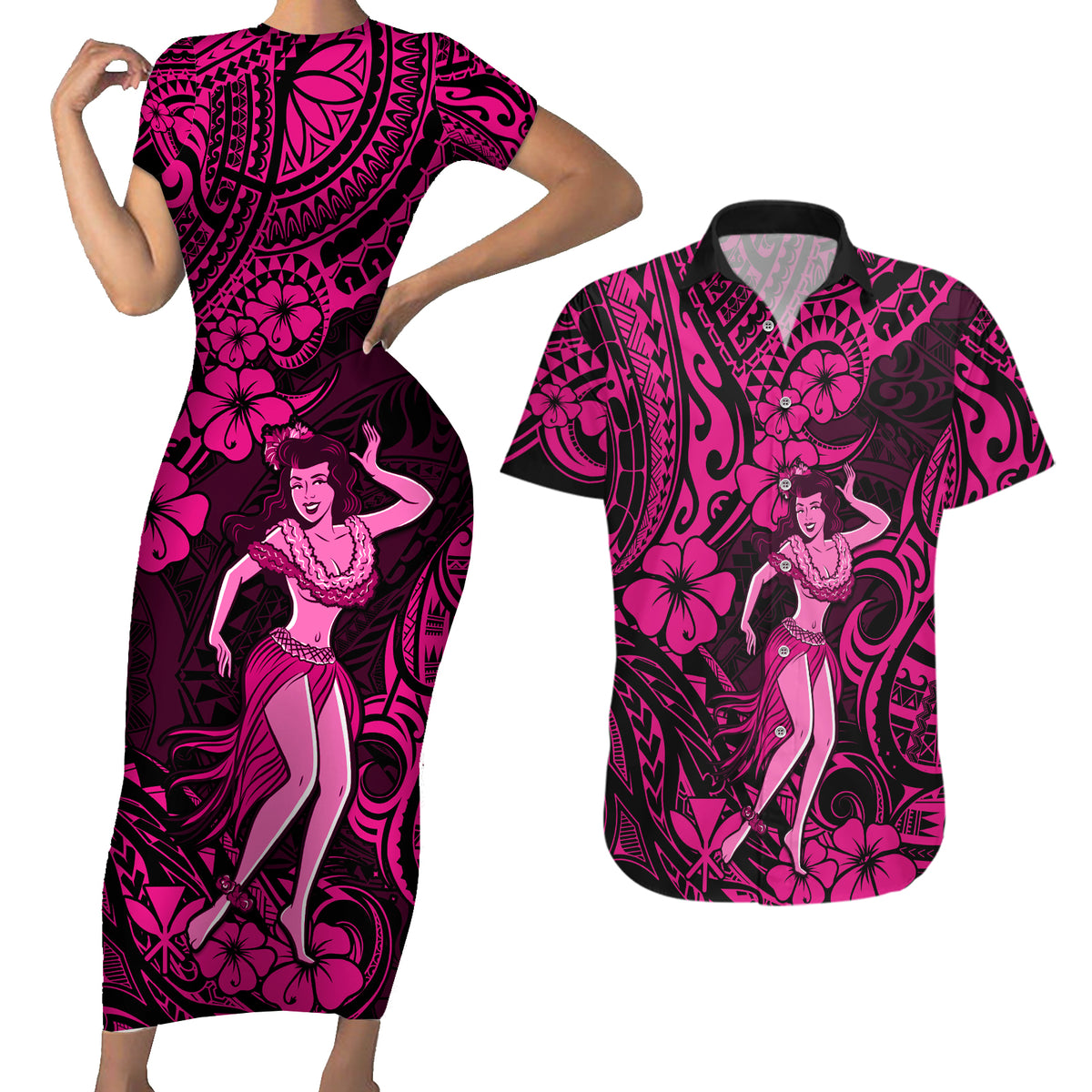 Hawaii Hula Girl Couples Matching Short Sleeve Bodycon Dress and Hawaiian Shirt Polynesian Pattern Pink Version - Wonder Print Shop