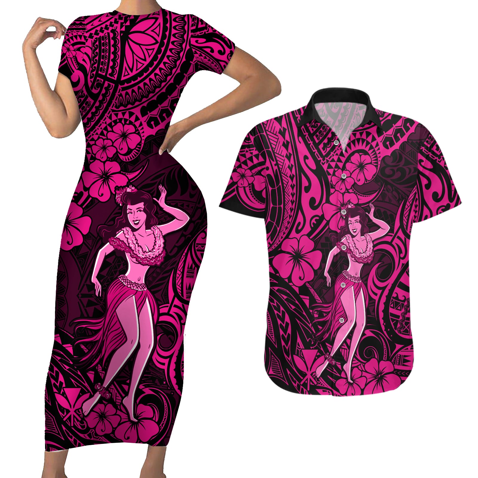 Hawaii Hula Girl Couples Matching Short Sleeve Bodycon Dress and Hawaiian Shirt Polynesian Pattern Pink Version - Wonder Print Shop