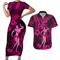 Hawaii Hula Girl Couples Matching Short Sleeve Bodycon Dress and Hawaiian Shirt Polynesian Pattern Pink Version - Wonder Print Shop