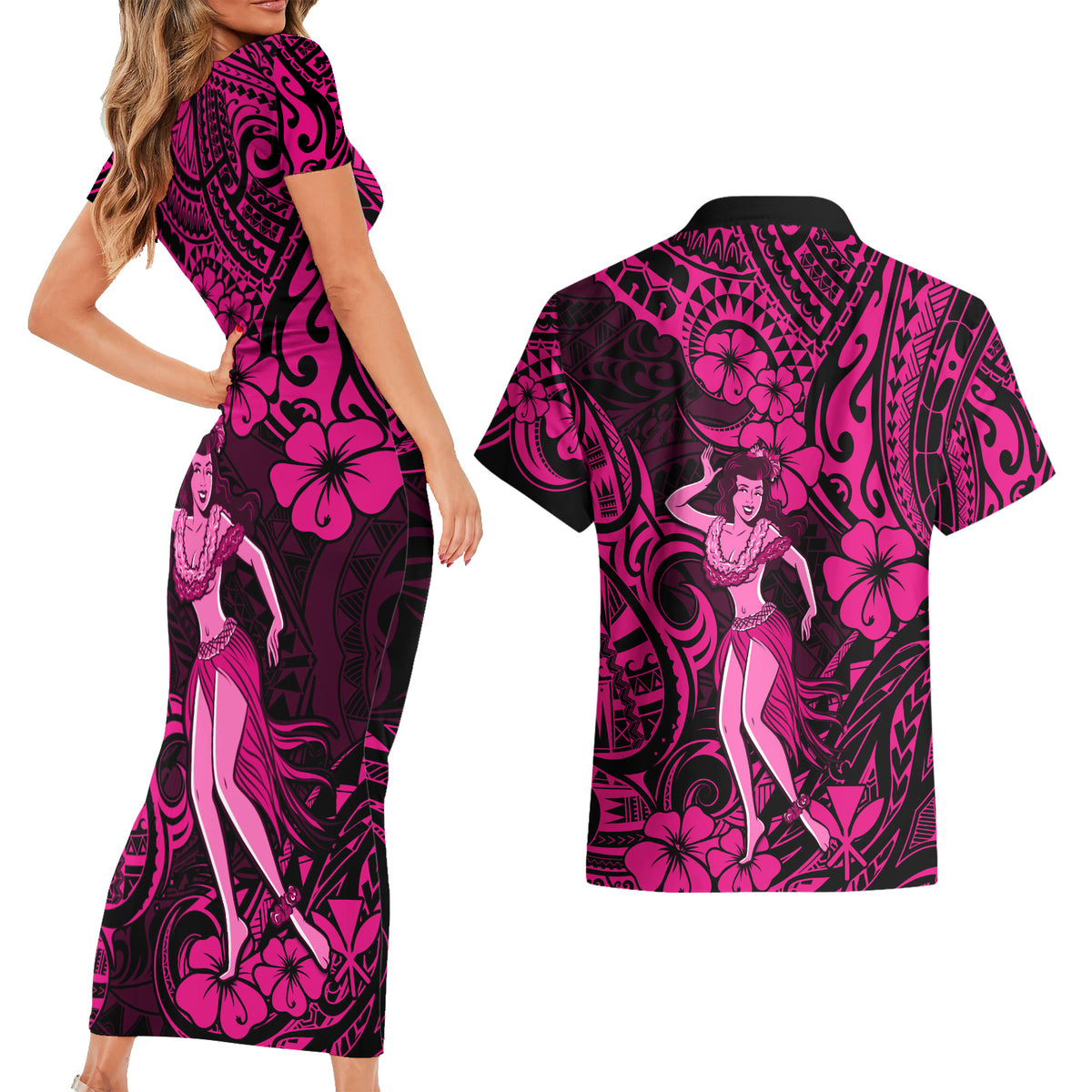 Hawaii Hula Girl Couples Matching Short Sleeve Bodycon Dress and Hawaiian Shirt Polynesian Pattern Pink Version - Wonder Print Shop