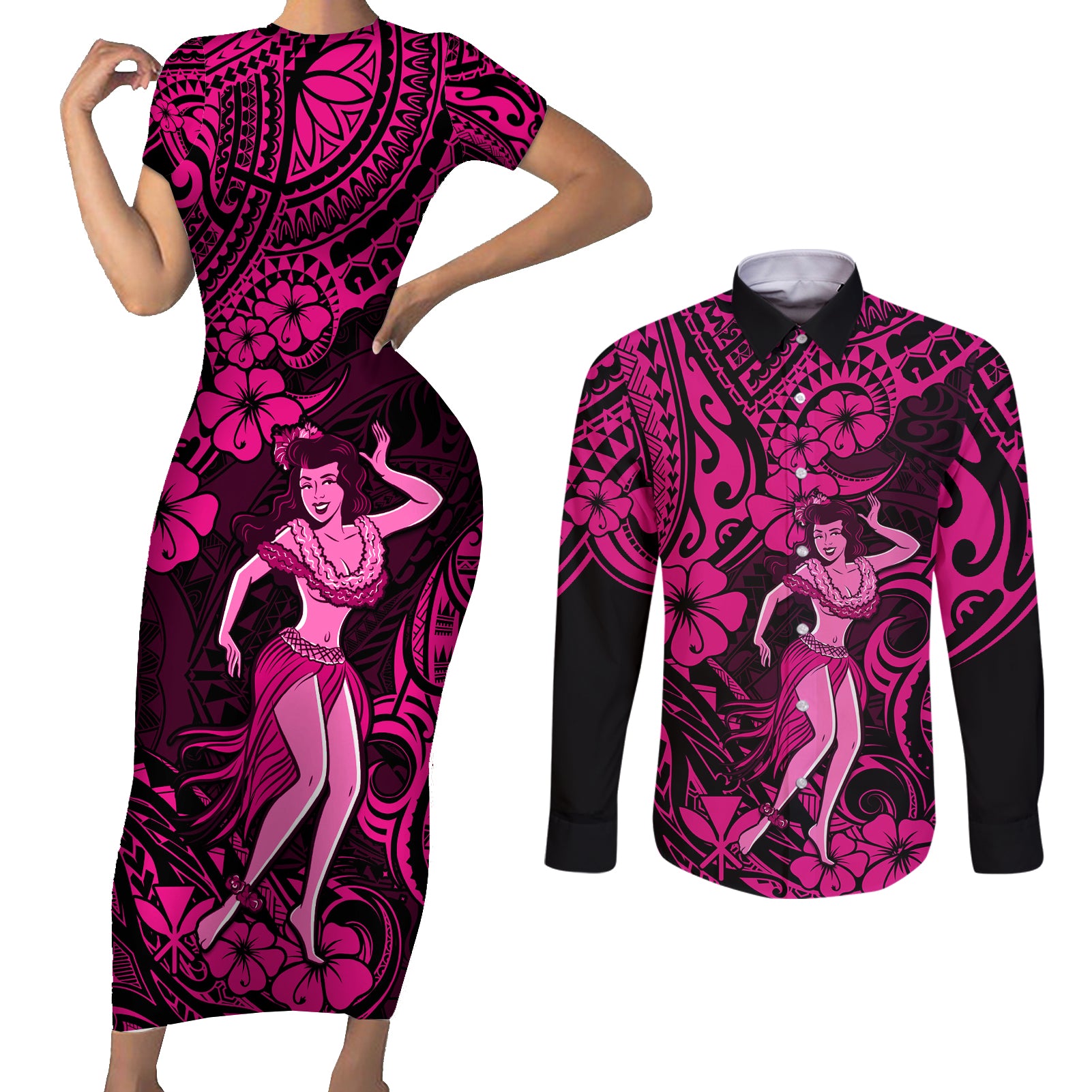 Hawaii Hula Girl Couples Matching Short Sleeve Bodycon Dress and Long Sleeve Button Shirts Polynesian Pattern Pink Version - Wonder Print Shop