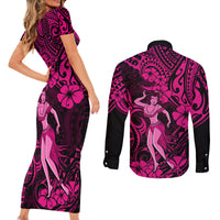 Hawaii Hula Girl Couples Matching Short Sleeve Bodycon Dress and Long Sleeve Button Shirts Polynesian Pattern Pink Version - Wonder Print Shop