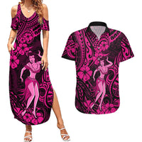 Hawaii Hula Girl Couples Matching Summer Maxi Dress and Hawaiian Shirt Polynesian Pattern Pink Version - Wonder Print Shop