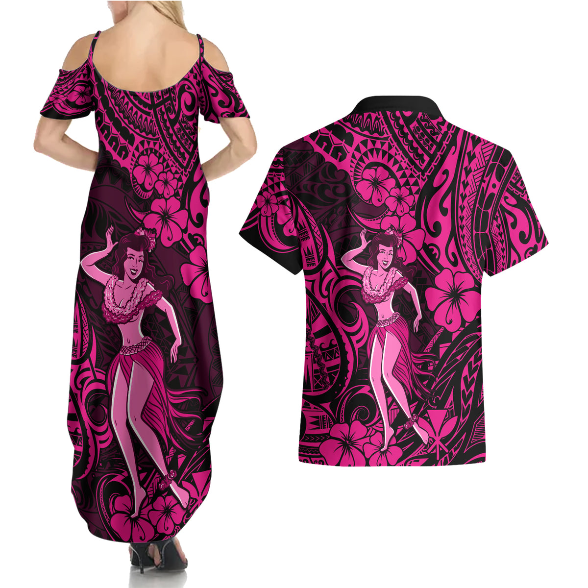 Hawaii Hula Girl Couples Matching Summer Maxi Dress and Hawaiian Shirt Polynesian Pattern Pink Version - Wonder Print Shop