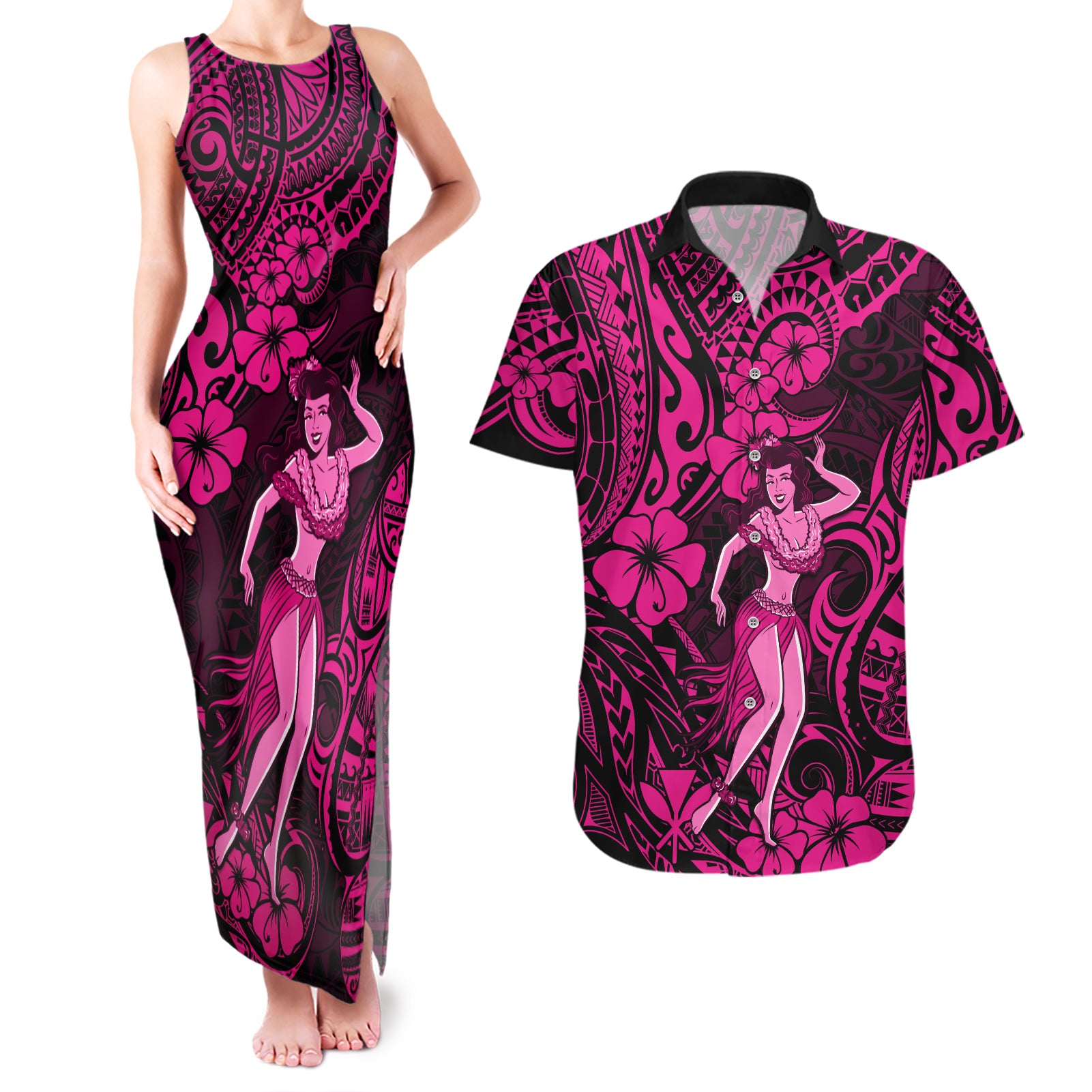 Hawaii Hula Girl Couples Matching Tank Maxi Dress and Hawaiian Shirt Polynesian Pattern Pink Version - Wonder Print Shop