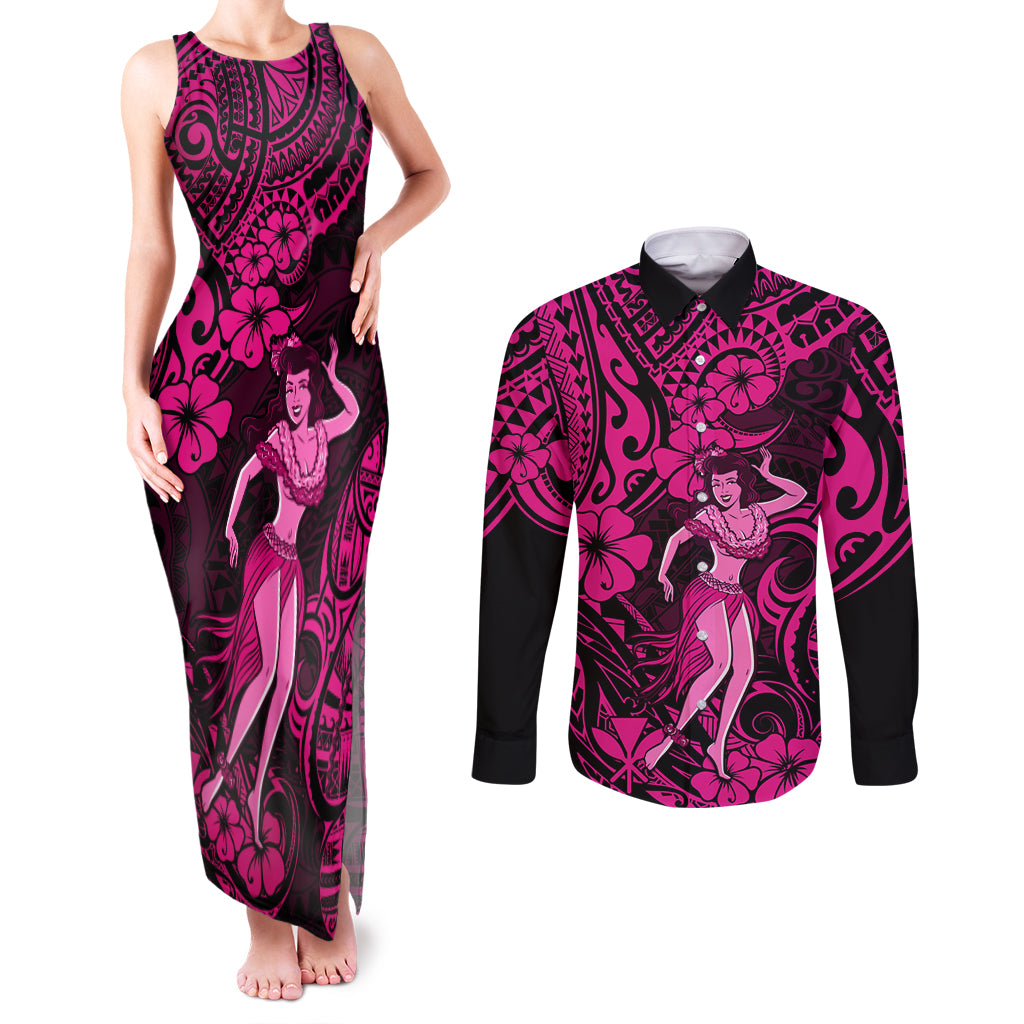 Hawaii Hula Girl Couples Matching Tank Maxi Dress and Long Sleeve Button Shirts Polynesian Pattern Pink Version - Wonder Print Shop