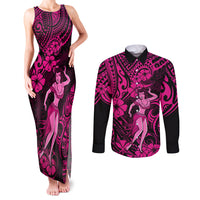 Hawaii Hula Girl Couples Matching Tank Maxi Dress and Long Sleeve Button Shirts Polynesian Pattern Pink Version - Wonder Print Shop