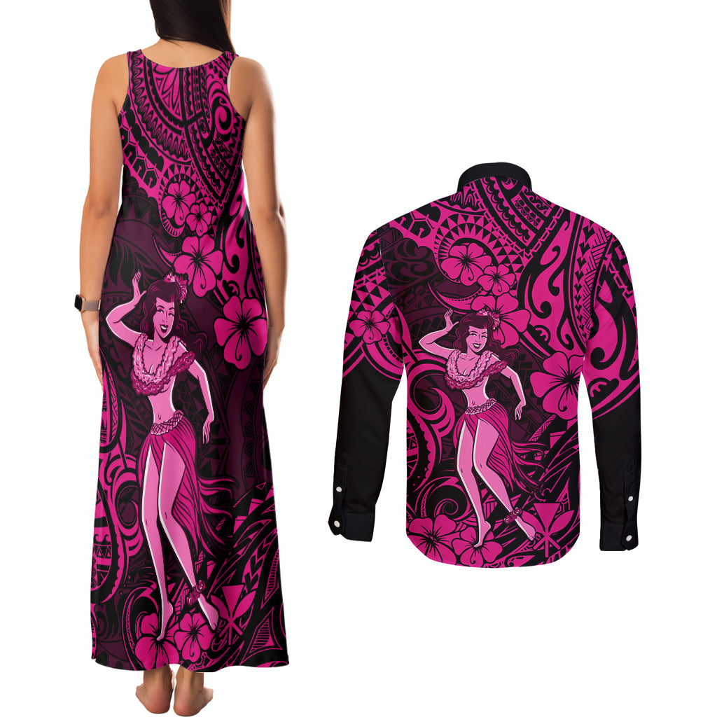 Hawaii Hula Girl Couples Matching Tank Maxi Dress and Long Sleeve Button Shirts Polynesian Pattern Pink Version - Wonder Print Shop