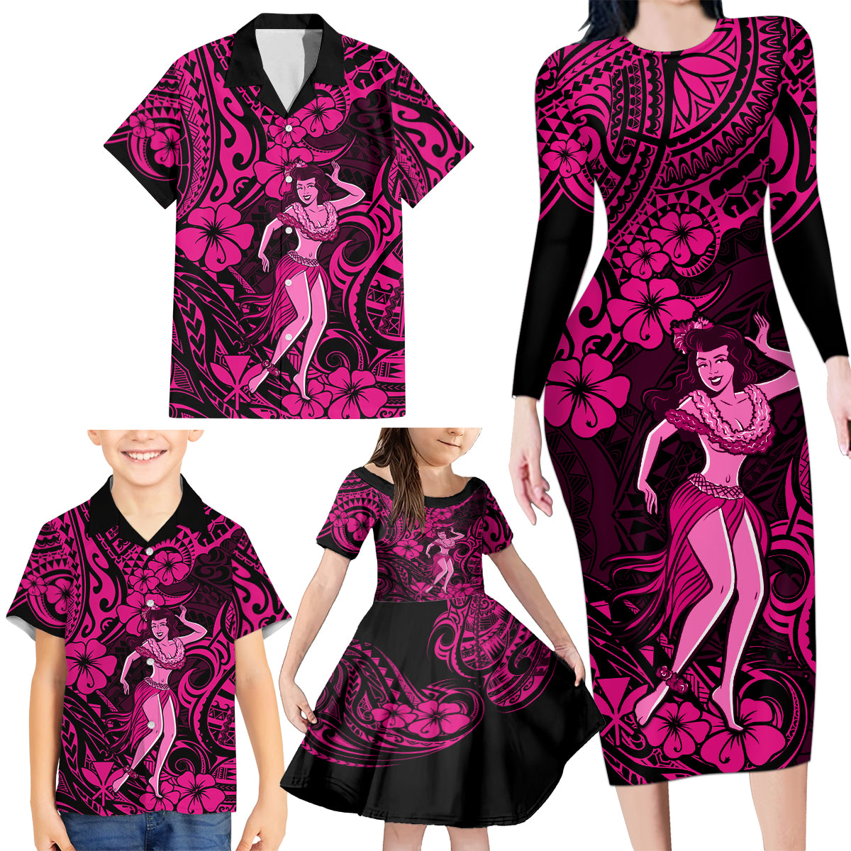 Hawaii Hula Girl Family Matching Long Sleeve Bodycon Dress and Hawaiian Shirt Polynesian Pattern Pink Version - Wonder Print Shop