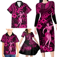 Hawaii Hula Girl Family Matching Long Sleeve Bodycon Dress and Hawaiian Shirt Polynesian Pattern Pink Version - Wonder Print Shop