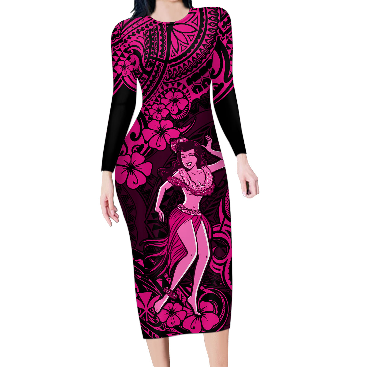 Hawaii Hula Girl Family Matching Long Sleeve Bodycon Dress and Hawaiian Shirt Polynesian Pattern Pink Version - Wonder Print Shop