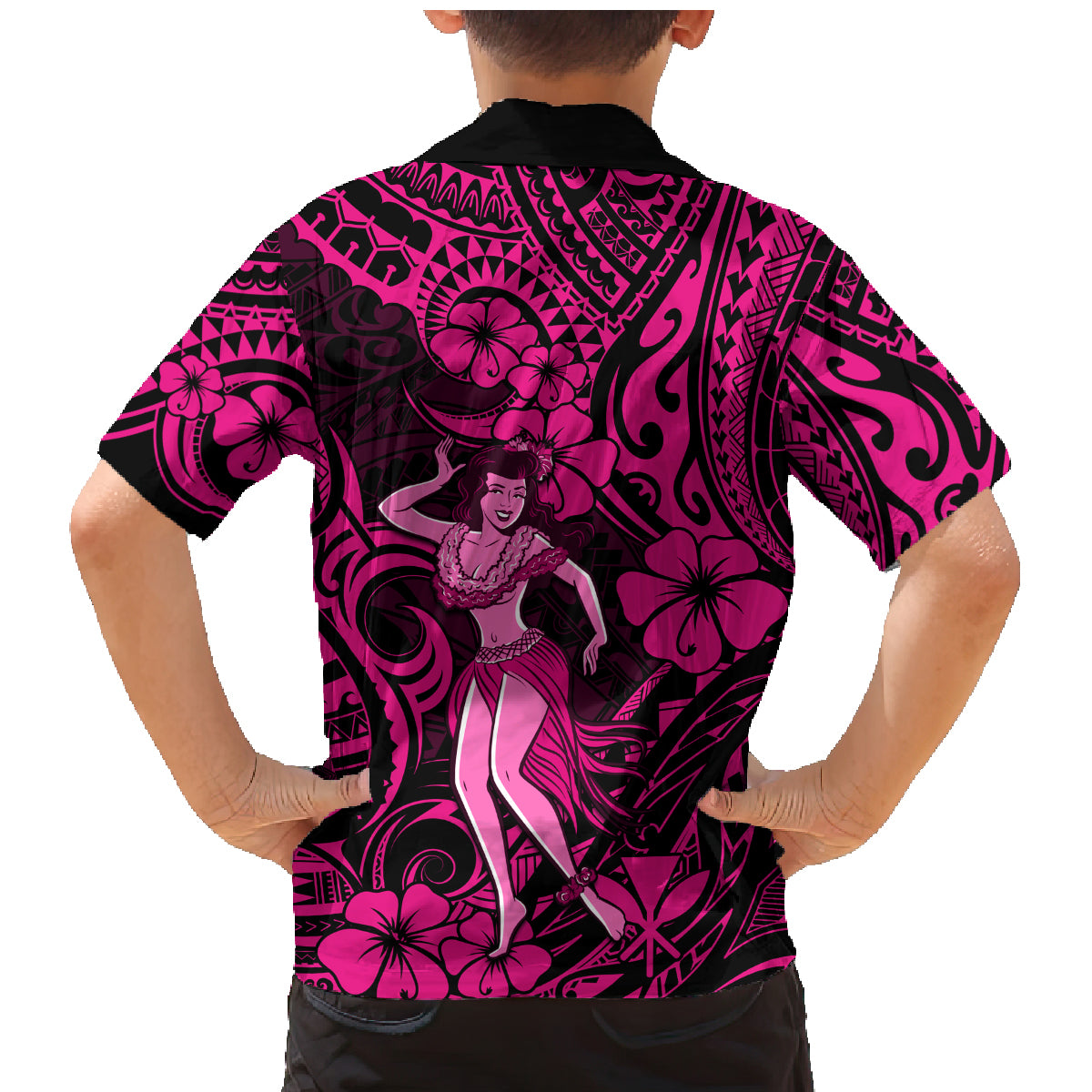 Hawaii Hula Girl Family Matching Mermaid Dress and Hawaiian Shirt Polynesian Pattern Pink Version - Wonder Print Shop