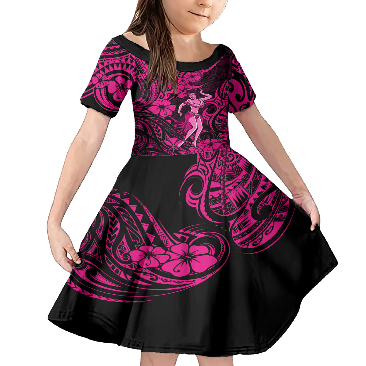 Hawaii Hula Girl Family Matching Mermaid Dress and Hawaiian Shirt Polynesian Pattern Pink Version - Wonder Print Shop