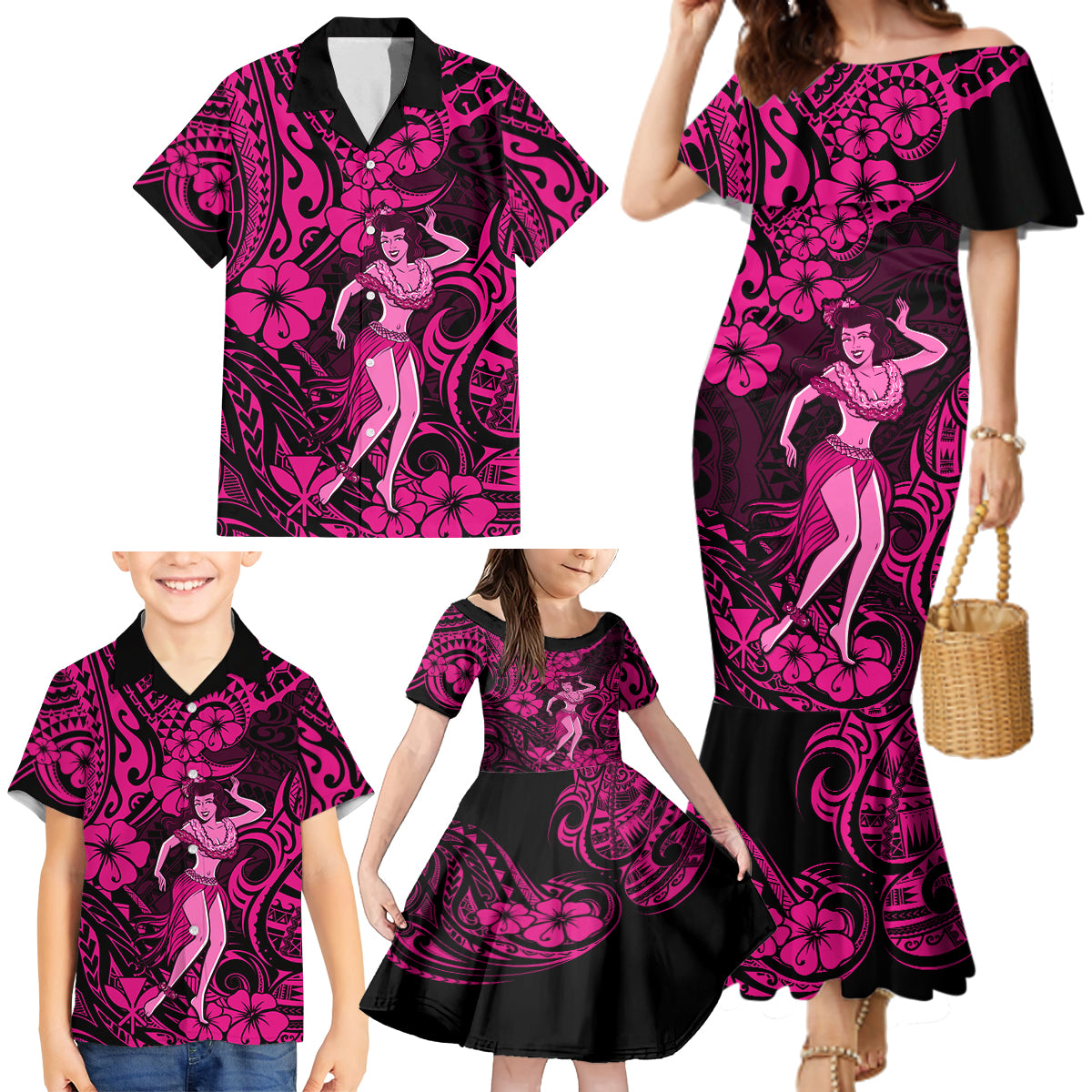 Hawaii Hula Girl Family Matching Mermaid Dress and Hawaiian Shirt Polynesian Pattern Pink Version - Wonder Print Shop