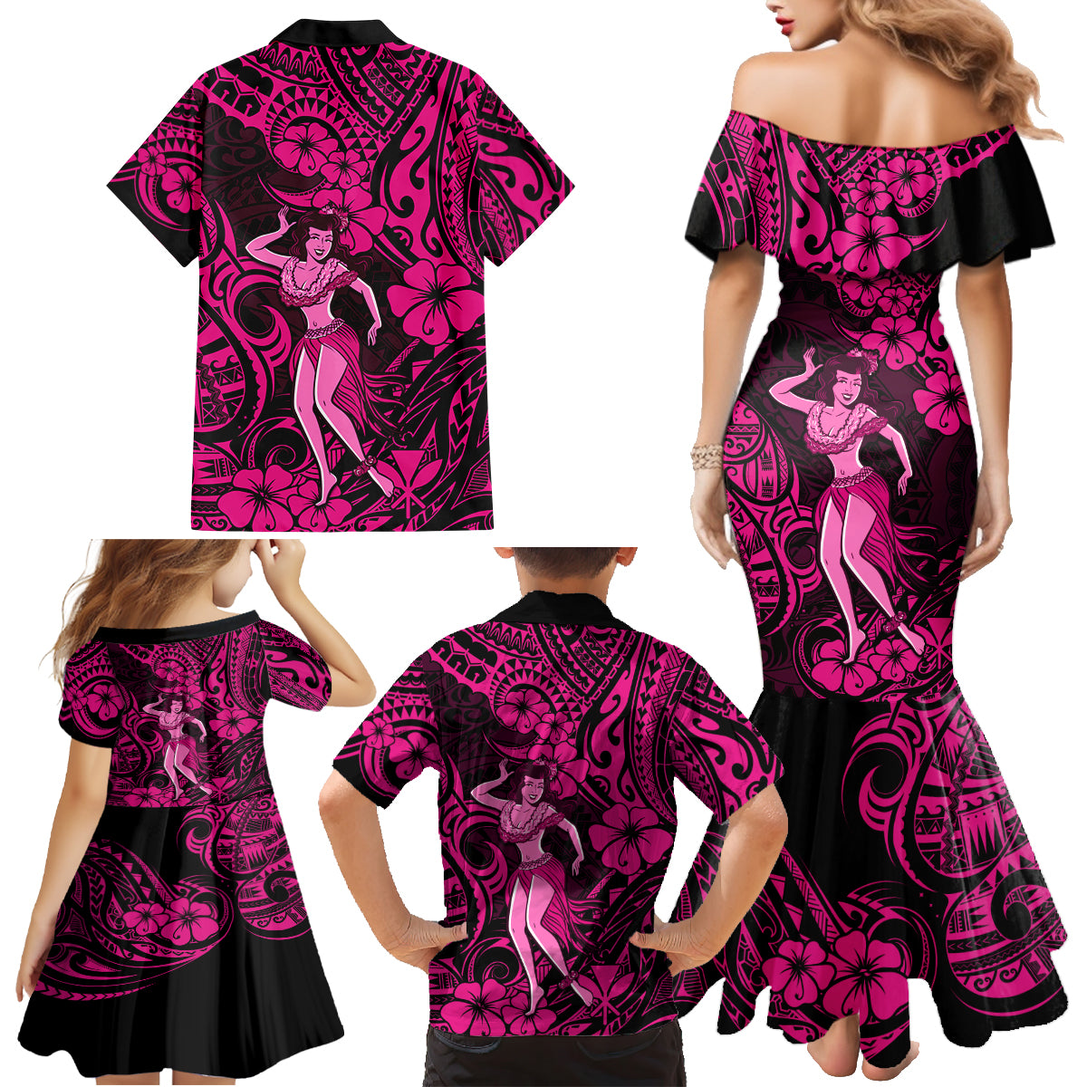 Hawaii Hula Girl Family Matching Mermaid Dress and Hawaiian Shirt Polynesian Pattern Pink Version - Wonder Print Shop