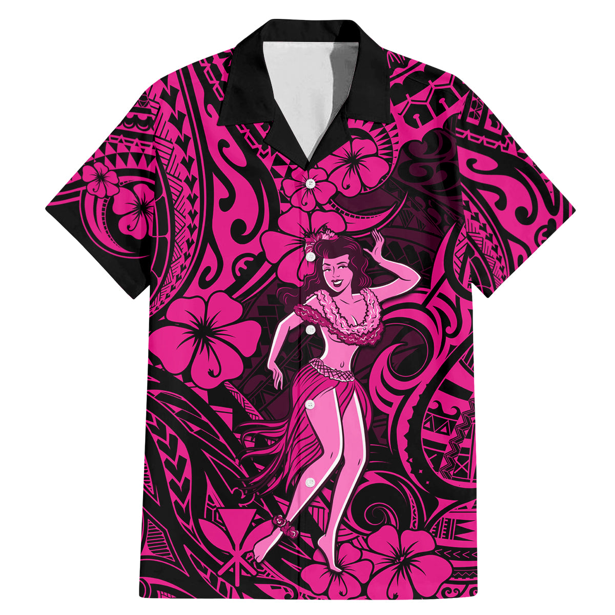 Hawaii Hula Girl Family Matching Mermaid Dress and Hawaiian Shirt Polynesian Pattern Pink Version - Wonder Print Shop