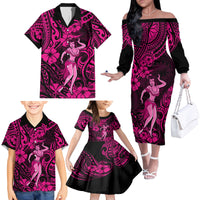 Hawaii Hula Girl Family Matching Off Shoulder Long Sleeve Dress and Hawaiian Shirt Polynesian Pattern Pink Version - Wonder Print Shop