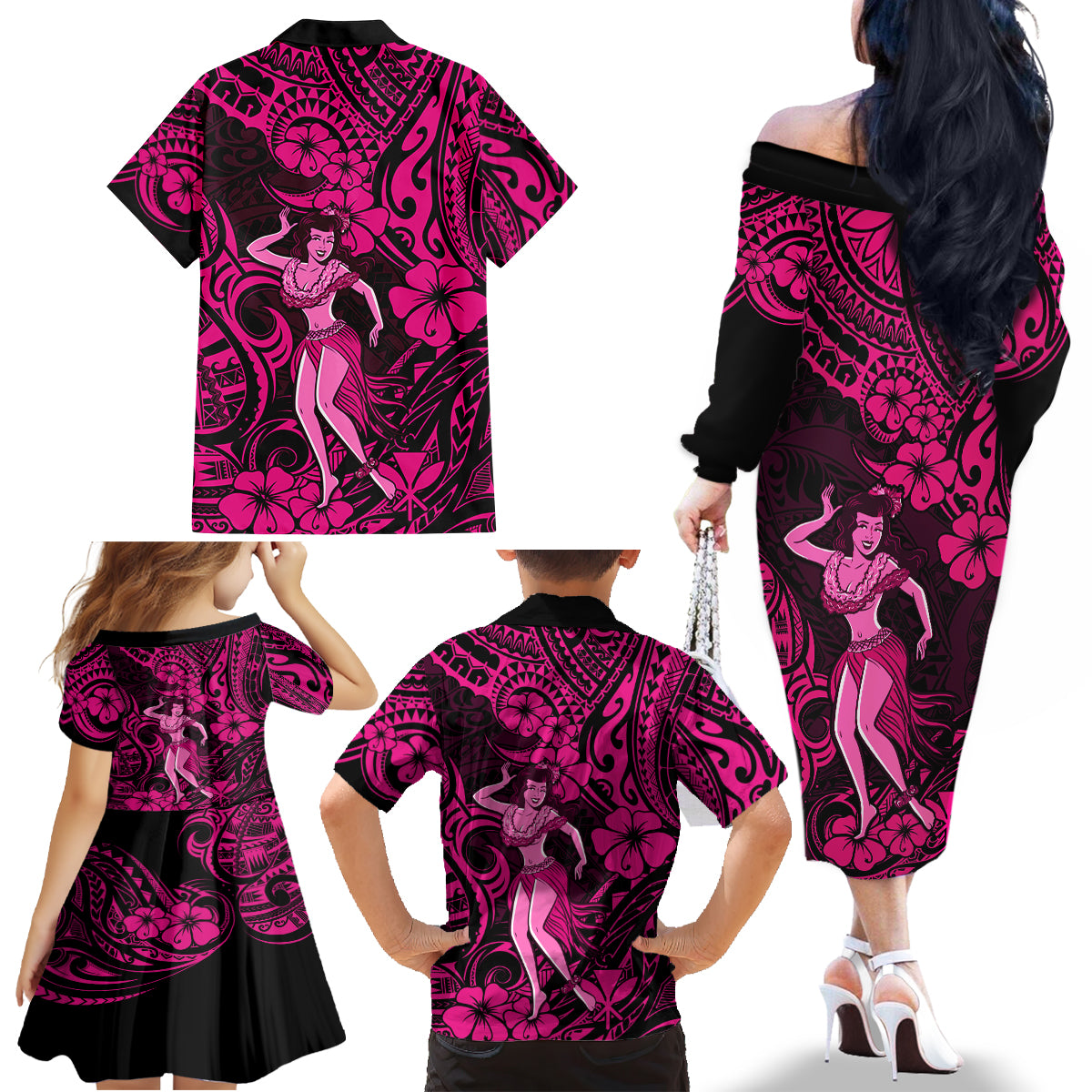 Hawaii Hula Girl Family Matching Off Shoulder Long Sleeve Dress and Hawaiian Shirt Polynesian Pattern Pink Version - Wonder Print Shop