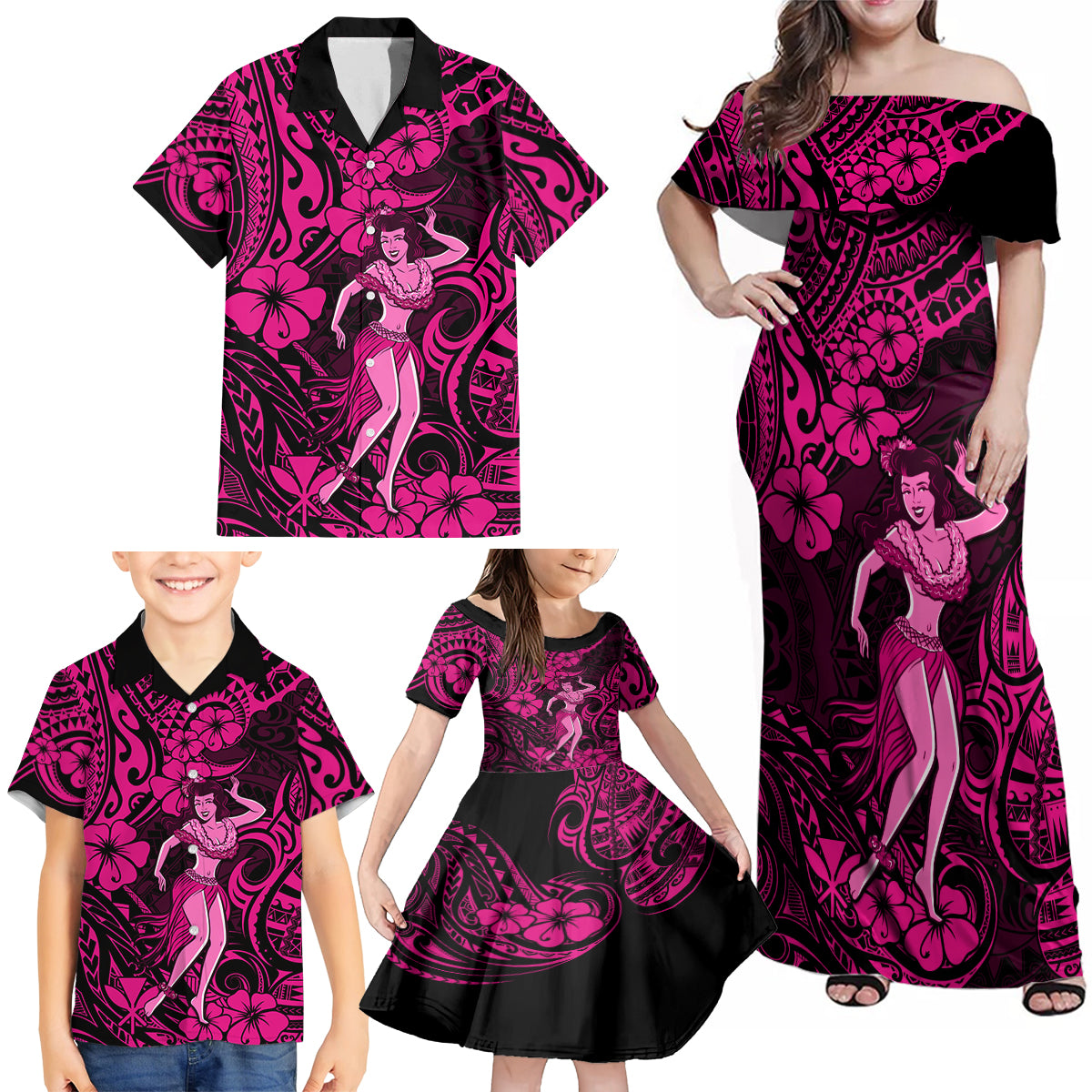 Hawaii Hula Girl Family Matching Off Shoulder Maxi Dress and Hawaiian Shirt Polynesian Pattern Pink Version - Wonder Print Shop