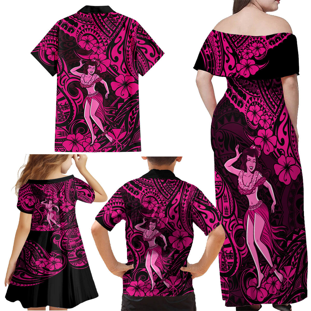 Hawaii Hula Girl Family Matching Off Shoulder Maxi Dress and Hawaiian Shirt Polynesian Pattern Pink Version - Wonder Print Shop