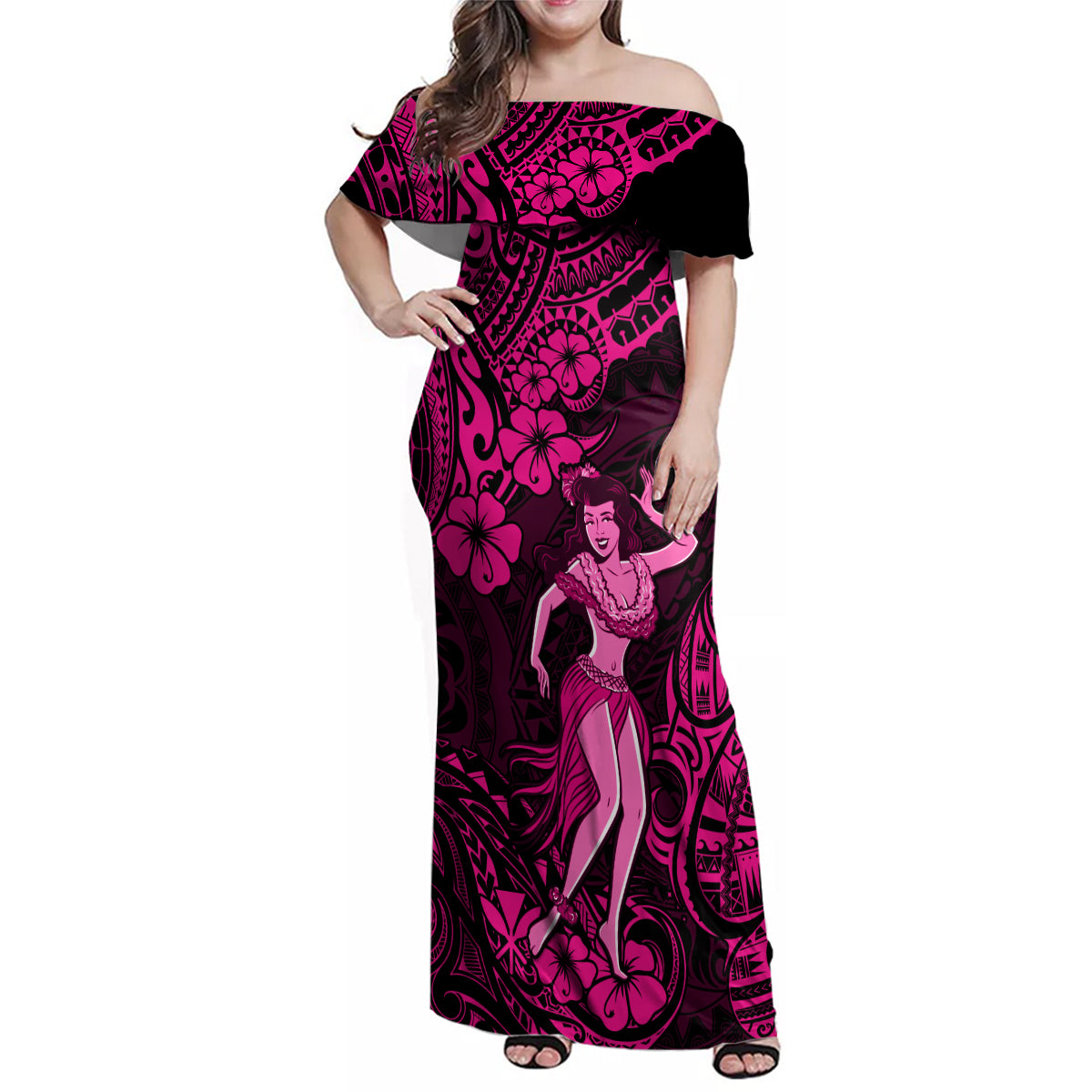 Hawaii Hula Girl Family Matching Off Shoulder Maxi Dress and Hawaiian Shirt Polynesian Pattern Pink Version - Wonder Print Shop