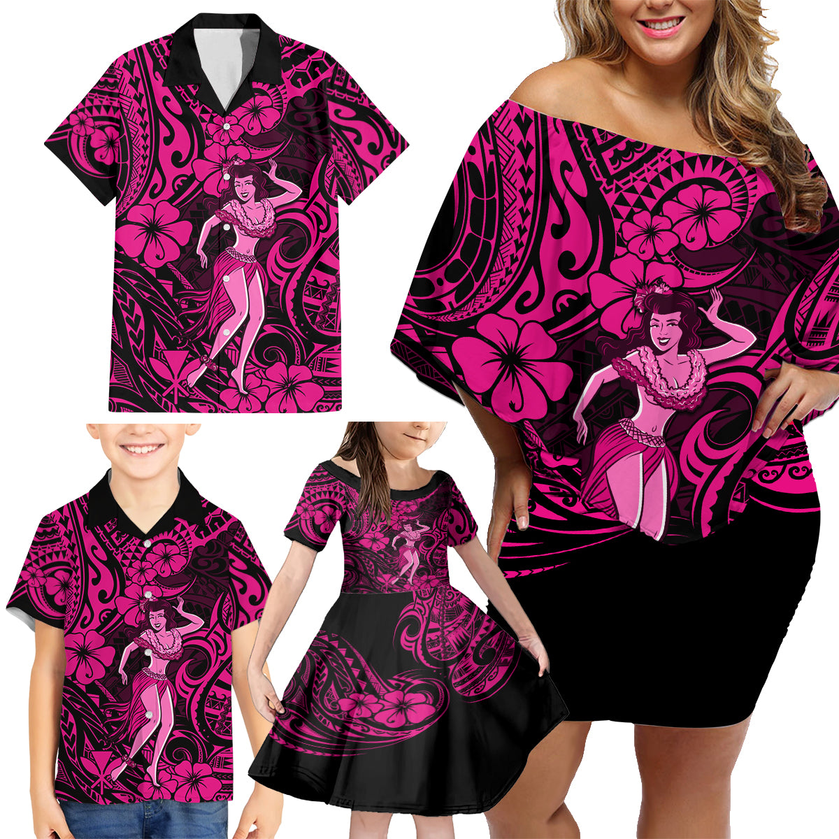 Hawaii Hula Girl Family Matching Off Shoulder Short Dress and Hawaiian Shirt Polynesian Pattern Pink Version - Wonder Print Shop