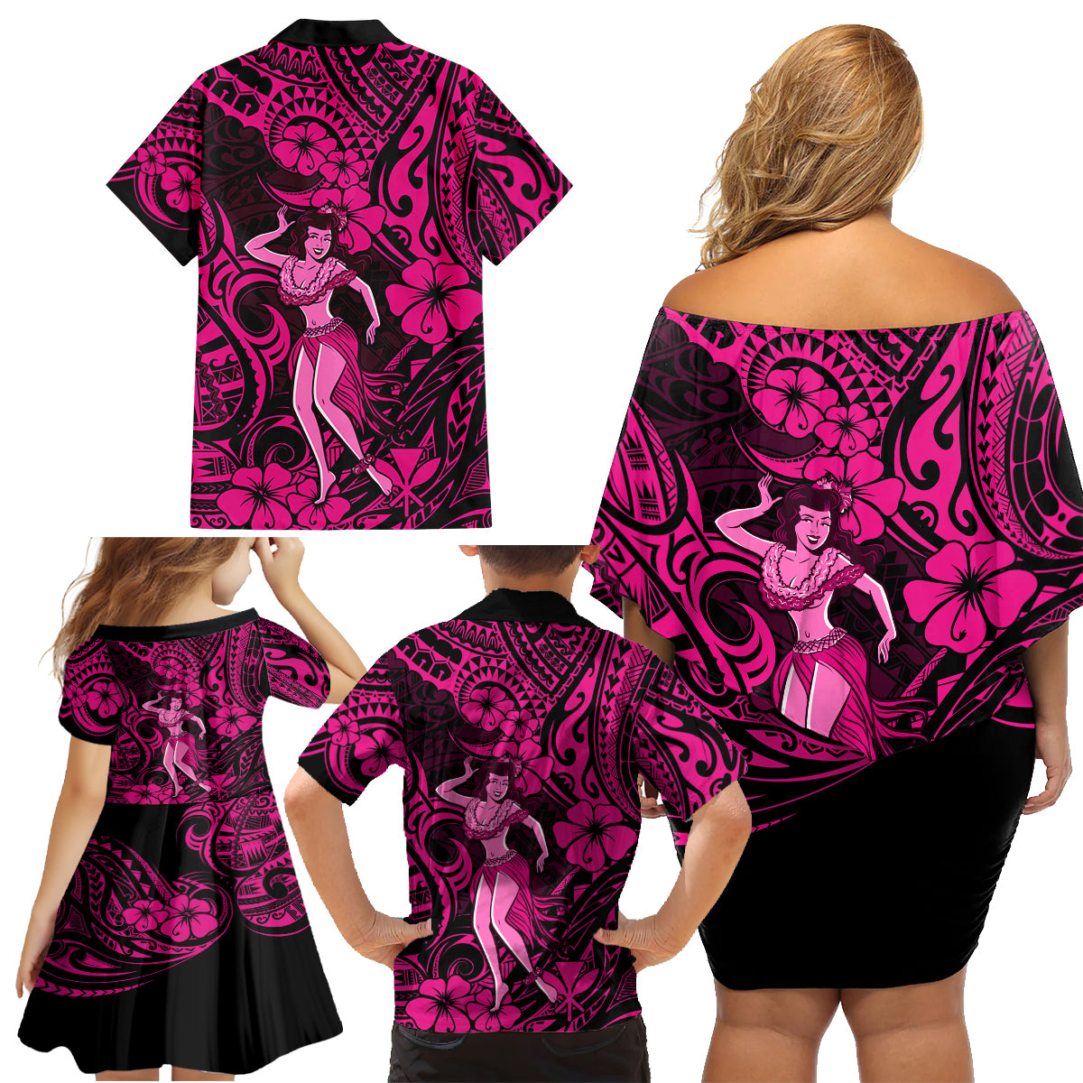 Hawaii Hula Girl Family Matching Off Shoulder Short Dress and Hawaiian Shirt Polynesian Pattern Pink Version - Wonder Print Shop