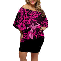 Hawaii Hula Girl Family Matching Off Shoulder Short Dress and Hawaiian Shirt Polynesian Pattern Pink Version - Wonder Print Shop