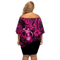 Hawaii Hula Girl Family Matching Off Shoulder Short Dress and Hawaiian Shirt Polynesian Pattern Pink Version - Wonder Print Shop